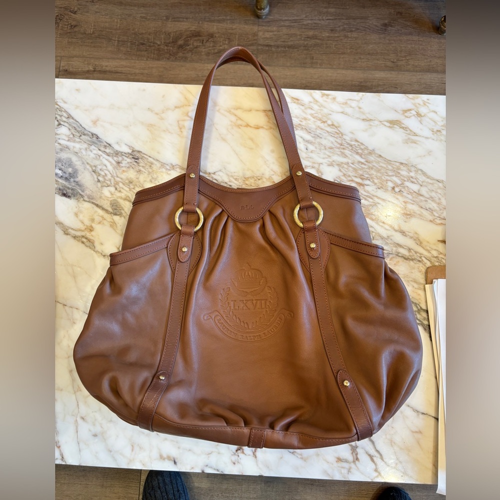 Ralph Lauren Purse - Brown with large Polo embossed logo on front of the purse-